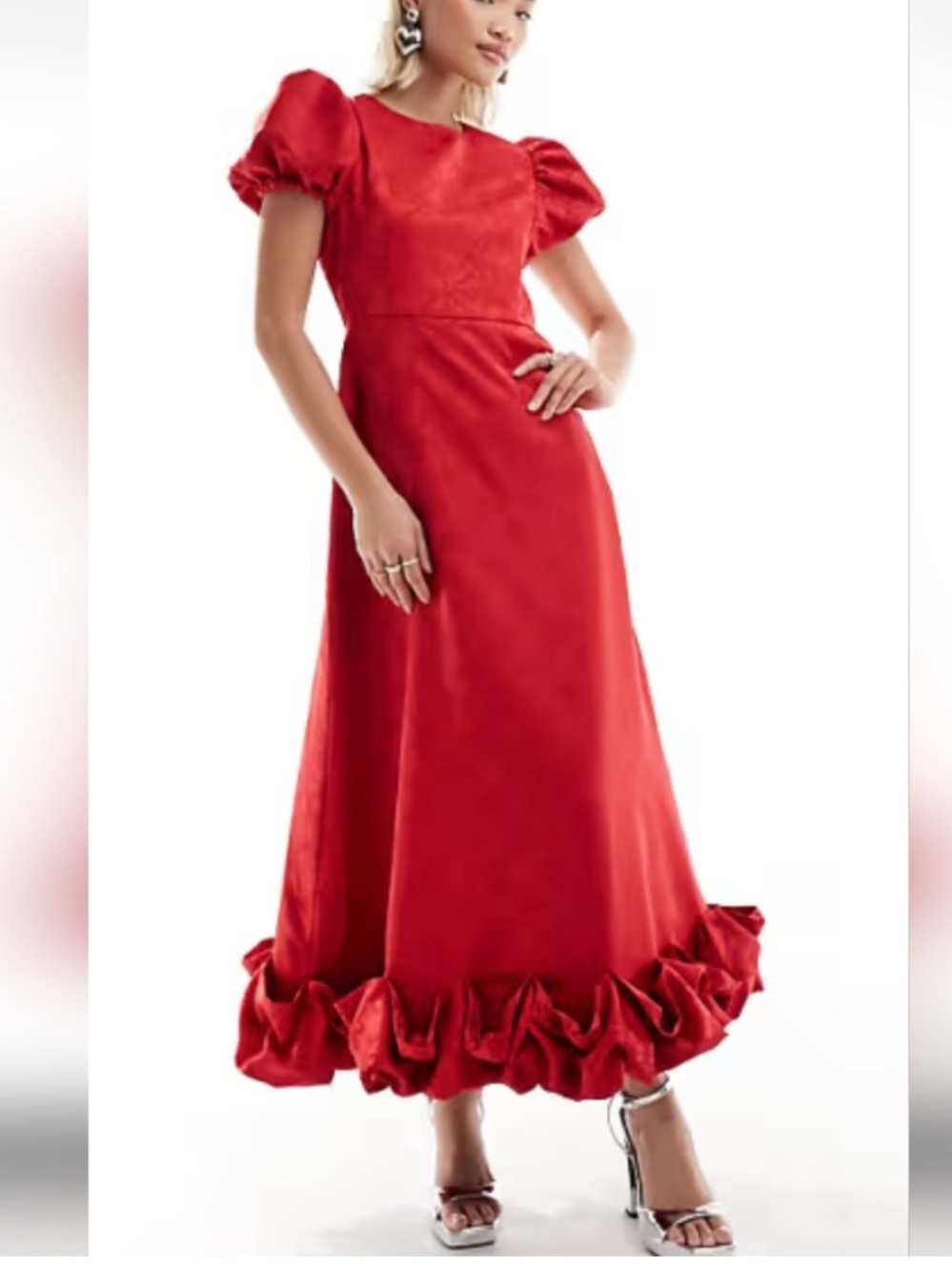 ASOS Red Maxi Dress with Puff Sleeves and Ruffle Hem